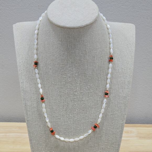 Jade Beads Coral Chips Mother of Pearl Rice Beads 18" Beaded Necklace - Picture 2 of 15